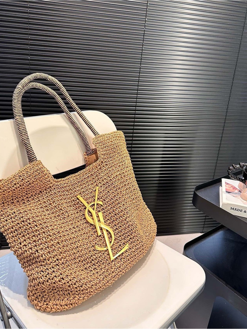 Saint Laurent Natural Straw Tote with Gold YSL Emblem